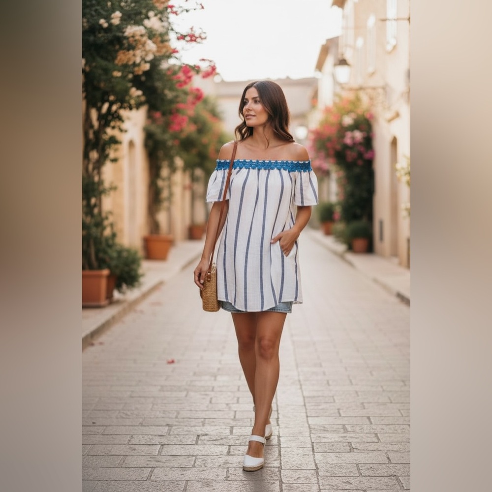 Japan Puff Sleeve Dress Boho Tassel Trim Stripes Short Sleeve Color Block Beach - Picture 3 of 9